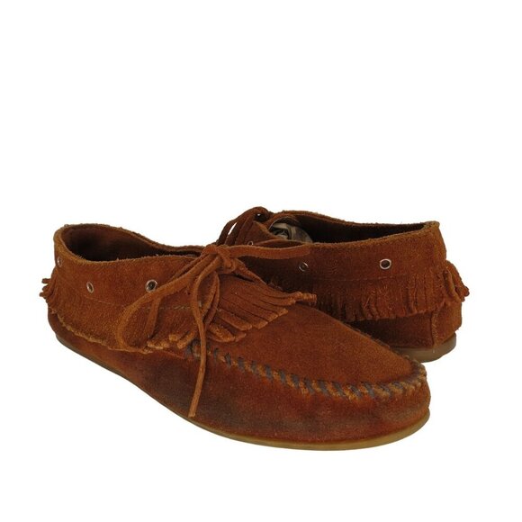 MINNETONKA Women's Brown Suede Leather Fringed Moccasins Size 10 Rivets - Picture 1 of 11